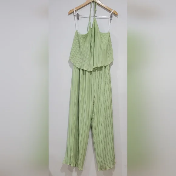 Lulus Women's Lime Green Plisse Sleeveless Wide-Leg Jumpsuit Size L Summwr Chic - Picture 2 of 16